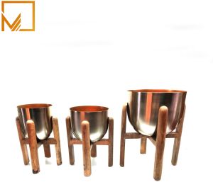 Round Brass Vase with Wooden Planter Stand Set