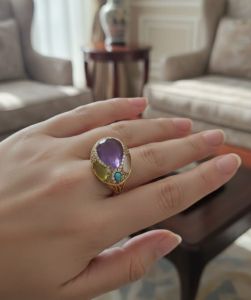 Artificial Amethyst and Pearl Cluster Ring
