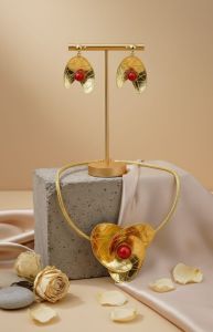 Red Bread Accent Gold Toned Necklace Set