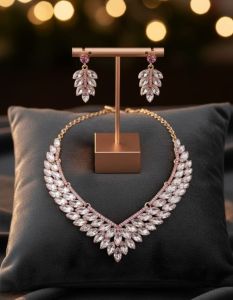 Rose Gold Artificial American Diamond Marquise Necklace Set