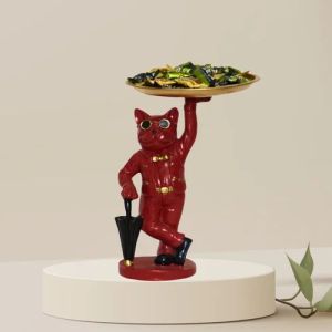 Maroon Resin Dog Statue With Tray