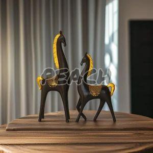 Black Polyresin Horse Showpiece Set with Golden Hair