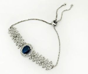 BLUE SAPPHIRE GEMSTONE ADJUSTABLE SLIDER BRASS BRACELET