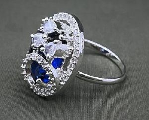 SILVER-PLATED SAPPHIRE AND CZ DESIGNER OVAL SHAPE ADJUSTABLE RING