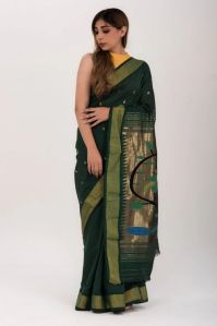 Bottle Green Paithani Cotton Saree