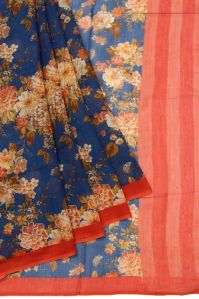 Peacock Blue Banarasi Cotton Silk Saree With Orange Stripes