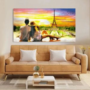 Sunset Wall Canvas Painting Of Couple Watching Eiffel Tower