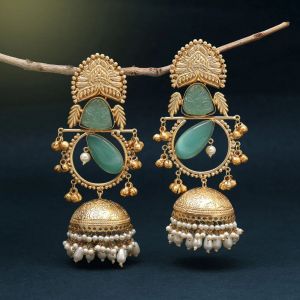 rama green color handmade brass metal natural carving amrapali earring