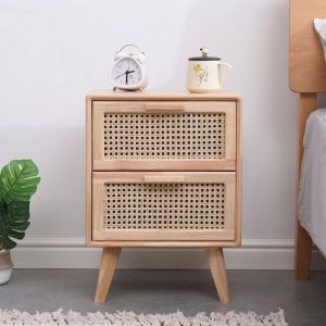 CANE WOVEN WOODEN BEDSIDE TABLE