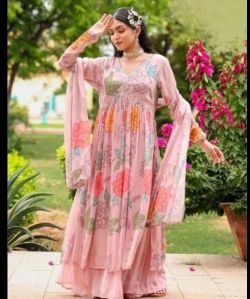 Women Georgette Palazzo Dupatta Mirror Work Kurti