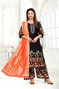 Ladies Cotton Black Printed Kurta With Palazzo Set