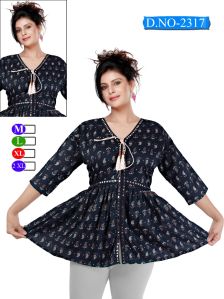 Ladies Cotton Blend Dark Blue Printed Frock Short Kurti