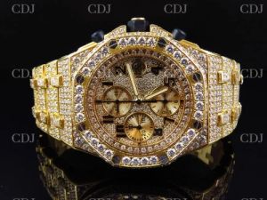 42 MM Swiss Automatic Chronograph Yellow Gold Moissanite Diamond Watch