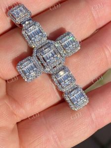 Baguette Moissanite Diamond  Iced Cross Gold Plated Sterling Silver Pendant