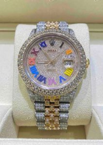 Fully Iced Out Two Tone Rainbow Numerical Moissanite Diamond Watch