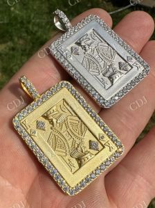King Of Diamonds Gold Plated Iced Poker Card Silver Pendant