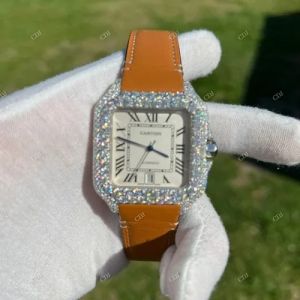 Men Brown Leather Band Moissanite Diamond Watch