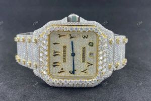 Men Iced Out Arabic Numeral Round Moissanite Diamond Watch