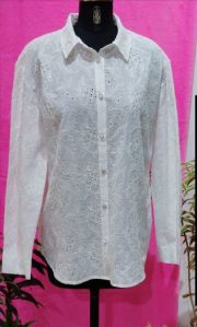 Ladies Chikan Cotton White Shirt Top