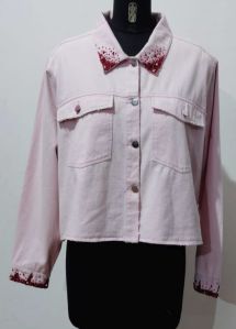 Ladies Pink Denim Washed Jacket