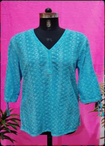 Ladies Viscose Plain Sky Blue Short Kurti