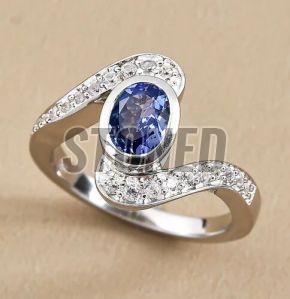 Natural Tanzanite and Moissanite Diamond 14K White Gold Engagement Ring