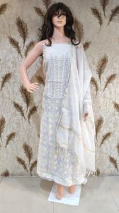 Cotton Floral Embroidered White Unstitched Suit