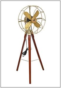 Antique Brass Pedestal Fan With Wooden Tripod Floor Stand