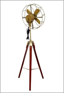 Antique Brass Pedestal Fan with Wooden Tripod Floor Stand