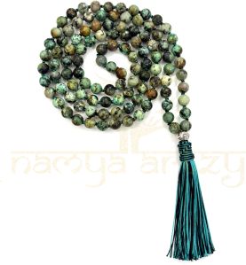 Handmade, Natural African Turquoise 108 Beads Hand-Knotted Japa Mala Necklace