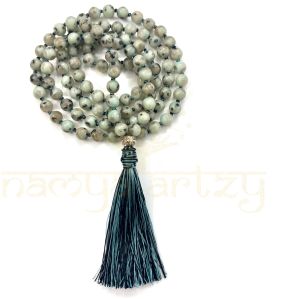 Handmade, Natural Kiwi Jasper Gemstones 108 Beads Hand-Knotted Mala Necklace