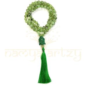 Handmade, Natural Prehnite Gemstone 108 Beads Hand-Knotted Mala Necklace Buddha Face