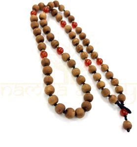 8mm Tulsi Wood 54 Smooth Beads with Carnelian & Brass Neck-Bead Mala/necklace
