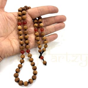 8mm Tulsi Wood 54 Smooth Beads with Carnelian & Brass Neck-Bead Mala/necklace