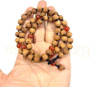 8mm Tulsi Wood 54 Smooth Beads with Carnelian & Brass Neck-Bead Mala/necklace