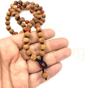 8mm Tulsi Wood 54 Smooth Beads with Carnelian & Brass Neck-Bead Mala/necklace