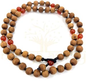 8mm Tulsi Wood 54 Smooth Beads with Carnelian & Brass Neck-Bead Mala/necklace