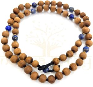 8mm Tulsi Wood 54 Smooth Beads with Lapis Lazuli &AMP; Brass Neck-Bead Mala/necklace