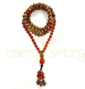 Carnelian with Tulsi Wood Beads, Garnet Adn Tiny German Silver Beads Handmade Mala Necklace