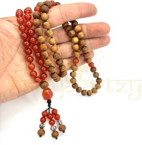 Carnelian with Tulsi Wood Beads, Garnet Adn Tiny German Silver Beads Handmade Mala Necklace