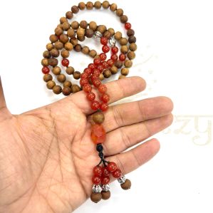 Carnelian with Tulsi Wood Beads, Garnet Adn Tiny German Silver Beads Handmade Mala Necklace
