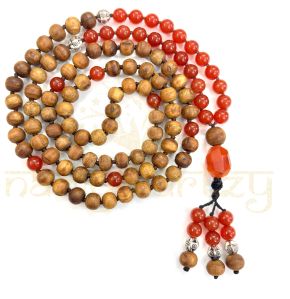 Carnelian with Tulsi Wood Beads, Garnet Adn Tiny German Silver Beads Handmade Mala Necklace