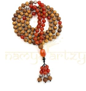 Carnelian with Tulsi Wood Beads, Garnet Adn Tiny German Silver Beads Handmade Mala Necklace
