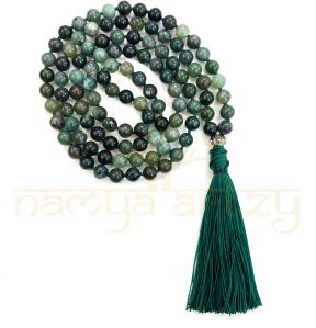 Handmade, Natural Moss Agate Gemstones 108 Beads Hand-Knotted Japa Mala Necklace