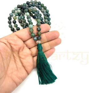 Handmade, Natural Moss Agate Gemstones 108 Beads Hand-Knotted Japa Mala Necklace