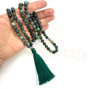 Handmade, Natural Moss Agate Gemstones 108 Beads Hand-Knotted Japa Mala Necklace