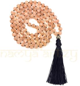 Handmade, Natural Sunstone Gemstone 108 Beads Hand-Knotted Mala Necklace