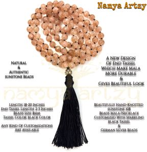 Handmade, Natural Sunstone Gemstone 108 Beads Hand-Knotted Mala Necklace