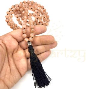 Handmade, Natural Sunstone Gemstone 108 Beads Hand-Knotted Mala Necklace