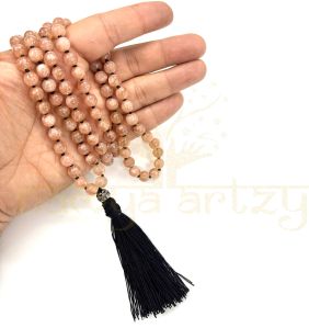 Handmade, Natural Sunstone Gemstone 108 Beads Hand-Knotted Mala Necklace